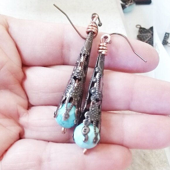 Copper Filigree & Blue Howlite Dangle Earrings! Lightweight Boho Coastal Cowgirl - Picture 5 of 9